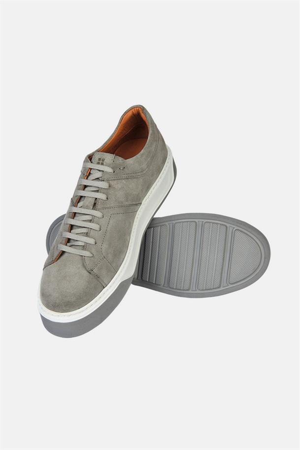 Gri %100 Deri Bağcıklı Esnek Taban Sneaker Ayakkabı