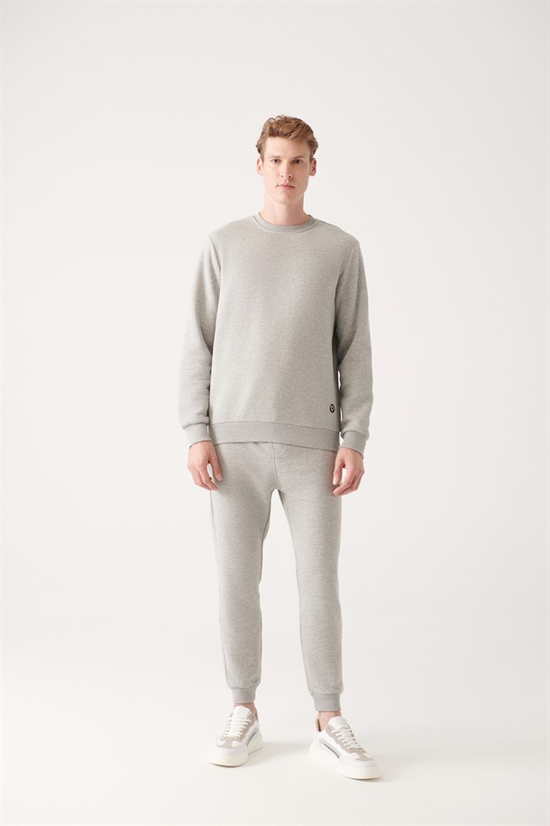 Gri Bisiklet Yaka Şardonlu 3 İplik Pamuklu Sweatshirt