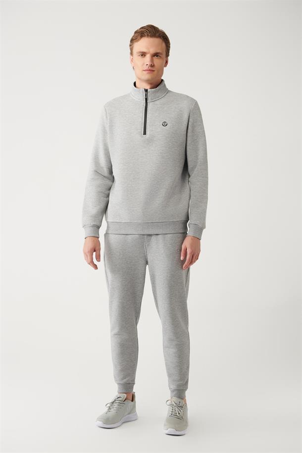 Gri Dik Yaka Fermuarlı İçi Polarlı 3 İplik Regular Fit Standart Kesim Unisex Sweatshirt