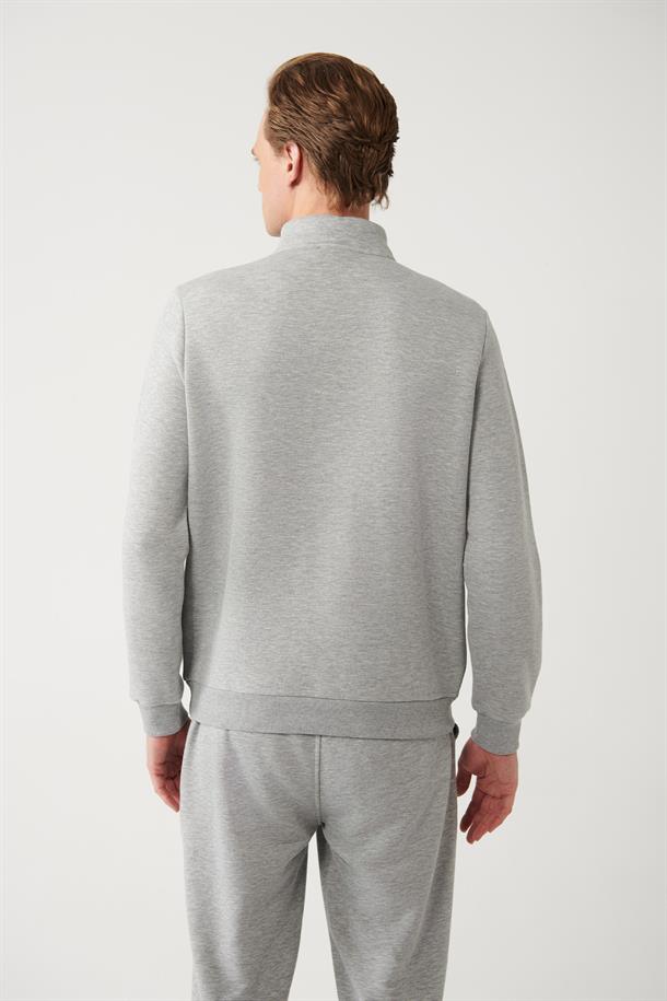 Gri Dik Yaka Fermuarlı İçi Polarlı 3 İplik Regular Fit Standart Kesim Unisex Sweatshirt