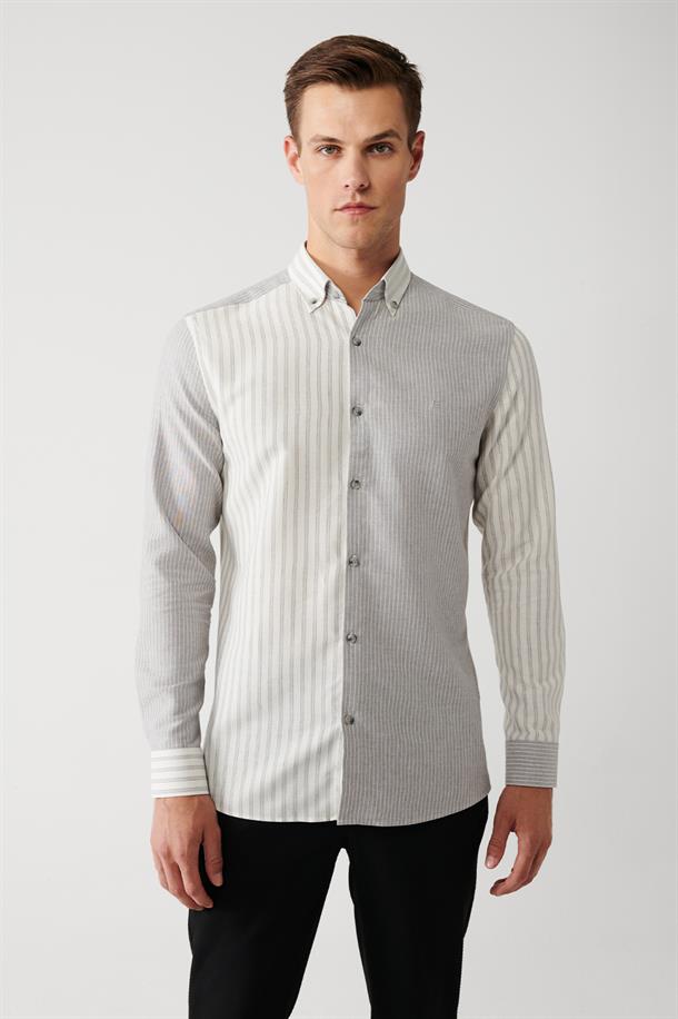 Gri Düğmeli Yaka Çizgili Parçalı Pamuk Viskon Karışımlı Slim Fit Gömlek