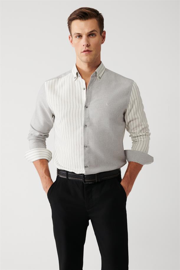 Gri Düğmeli Yaka Çizgili Parçalı Pamuk Viskon Karışımlı Slim Fit Gömlek