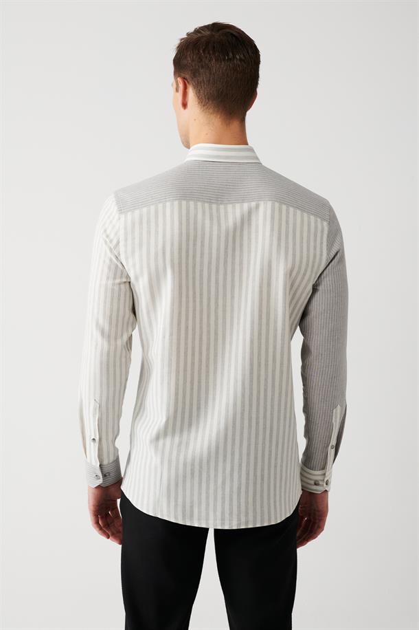 Gri Düğmeli Yaka Çizgili Parçalı Pamuk Viskon Karışımlı Slim Fit Gömlek