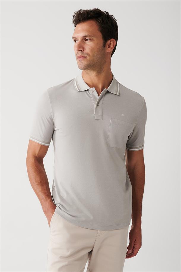 Gri Enine Çizglili Cepli  Polo Yaka T-shirt