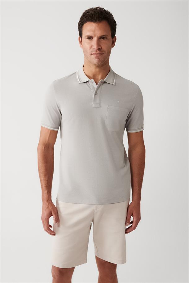 Gri Enine Çizglili Cepli  Polo Yaka T-shirt