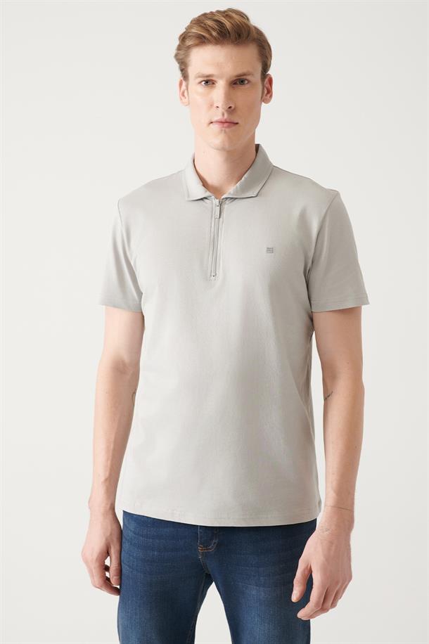 Gri Fermuarlı Polo Yaka T-Shirt