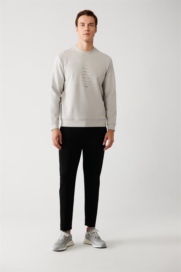 Gri İnterlok Kumaş Bisiklet Yaka Baskılı Sweatshirt