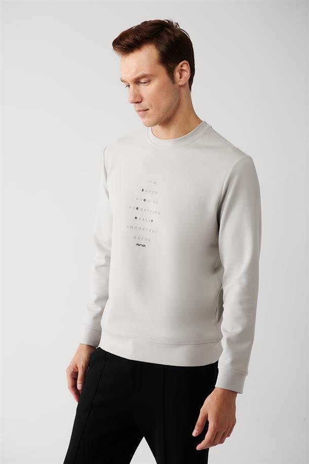 Gri İnterlok Kumaş Bisiklet Yaka Baskılı Sweatshirt
