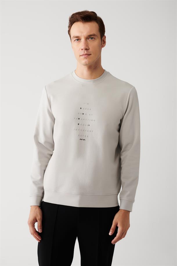 Gri İnterlok Kumaş Bisiklet Yaka Baskılı Sweatshirt