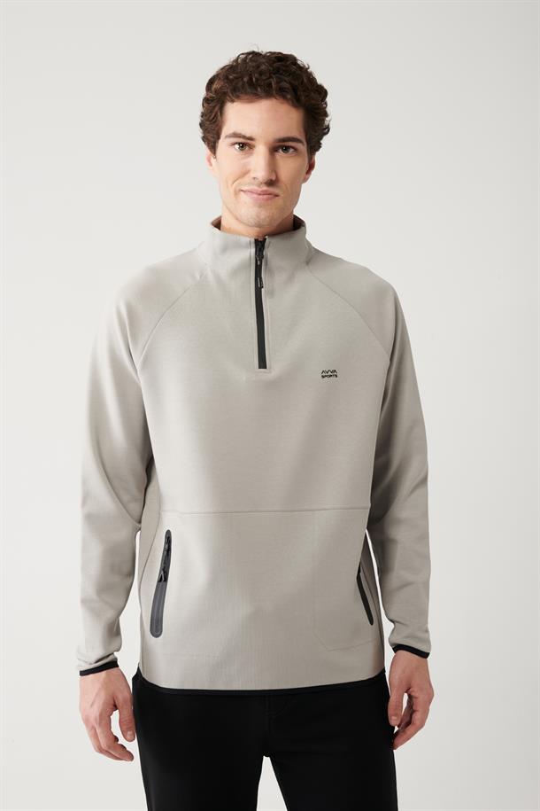 Gri İnterlok Kumaş Yarım Fermuarlı Yaka Reglan Kol Sweatshirt