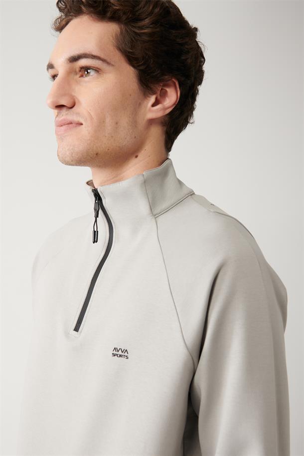 Gri İnterlok Kumaş Yarım Fermuarlı Yaka Reglan Kol Sweatshirt