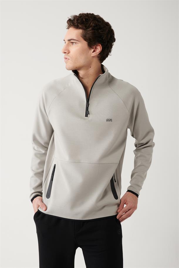 Gri İnterlok Kumaş Yarım Fermuarlı Yaka Reglan Kol Sweatshirt