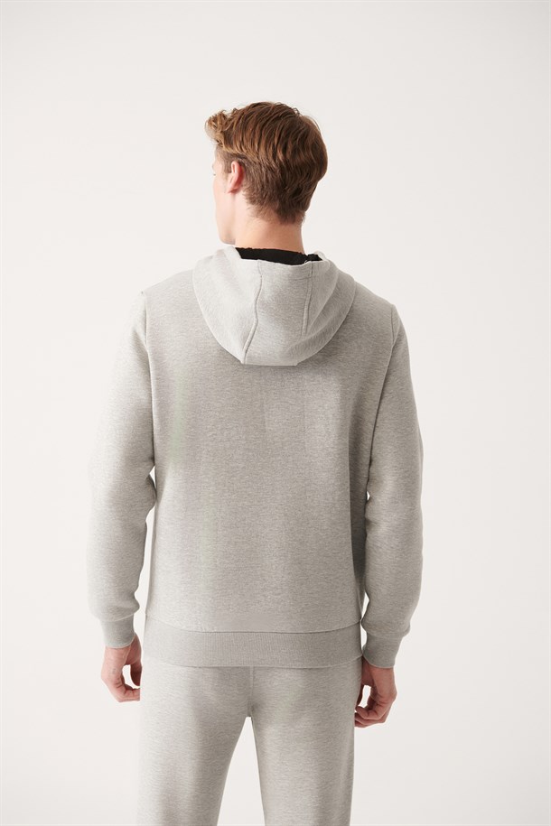 Gri Kapüşonlu Yaka Şardonlu 3 İplik Pamuklu Sweatshirt