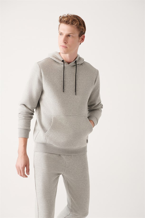 Gri Kapüşonlu Yaka Şardonlu 3 İplik Pamuklu Sweatshirt
