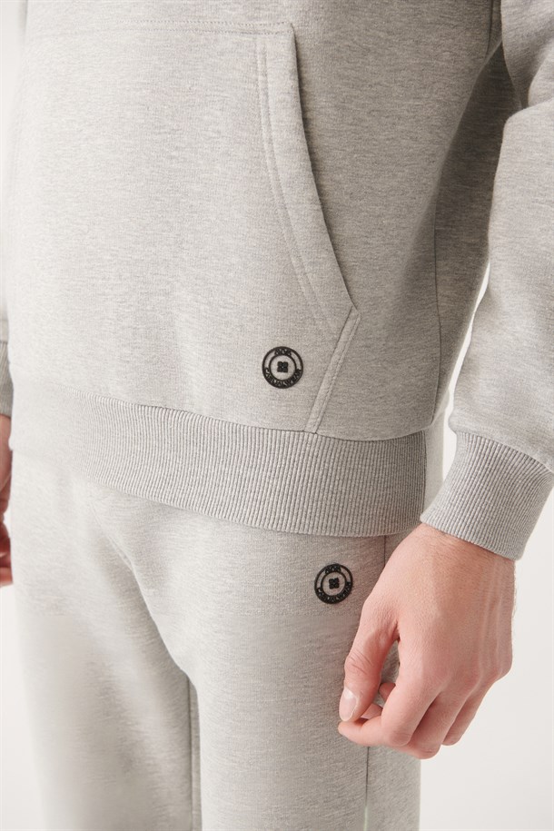 Gri Kapüşonlu Yaka Şardonlu 3 İplik Pamuklu Sweatshirt