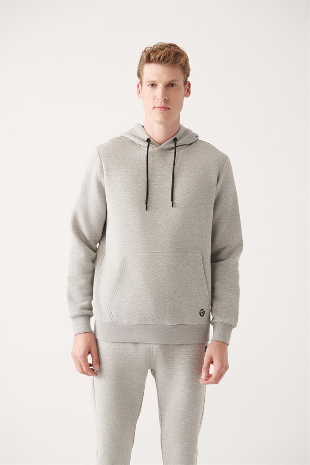 Gri Kapüşonlu Yaka Şardonlu 3 İplik Pamuklu Sweatshirt