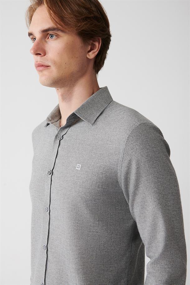 Gri Klasik Yaka Armürlü Flanel Slim Fit Gömlek