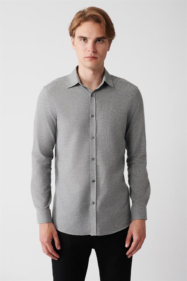 Gri Klasik Yaka Armürlü Flanel Slim Fit Gömlek
