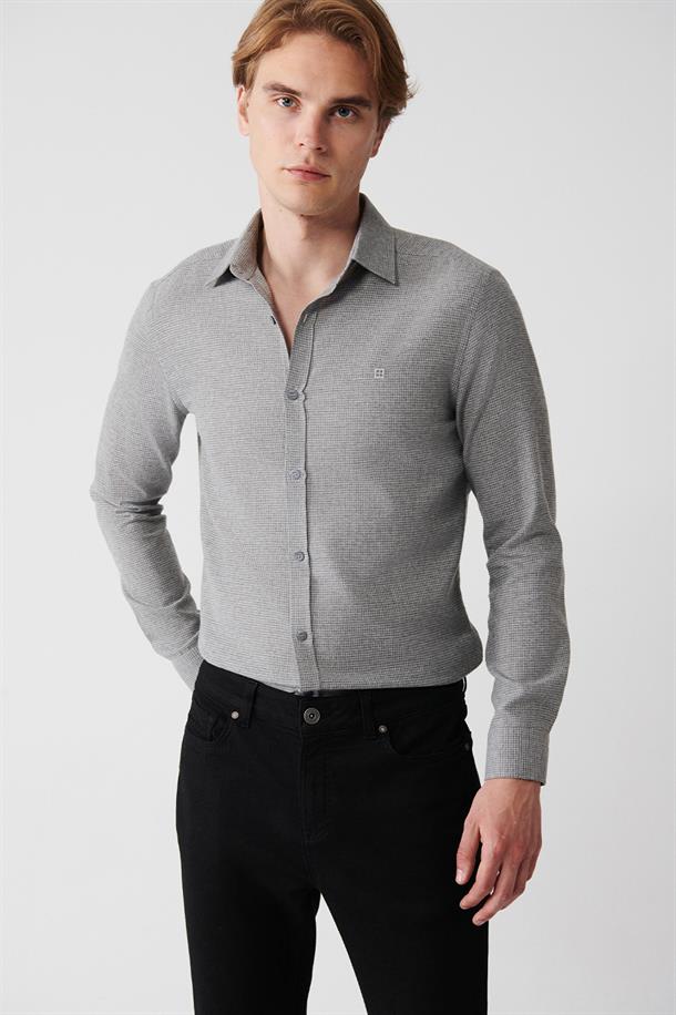 Gri Klasik Yaka Armürlü Flanel Slim Fit Gömlek