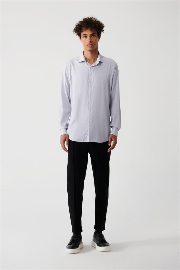 Gri Klasik Yaka Çizgili Travel Slim Fit Gömlek