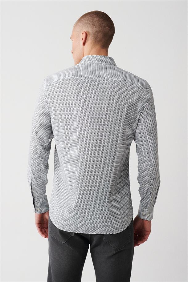 Gri Klasik Yaka Geometrik Baskılı Travel Slim Fit Gömlek
