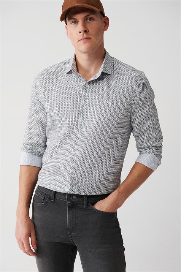 Gri Klasik Yaka Geometrik Baskılı Travel Slim Fit Gömlek