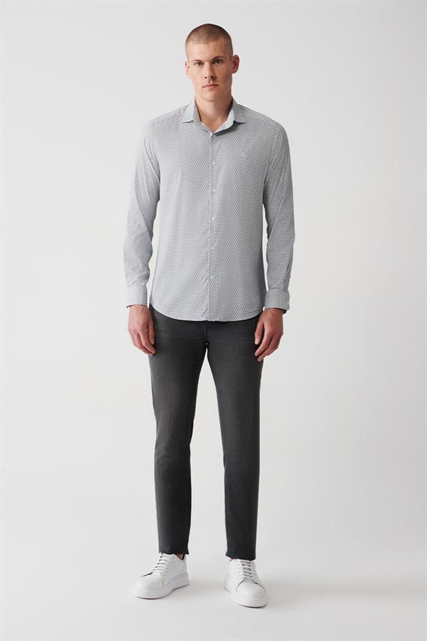 Gri Klasik Yaka Geometrik Baskılı Travel Slim Fit Gömlek