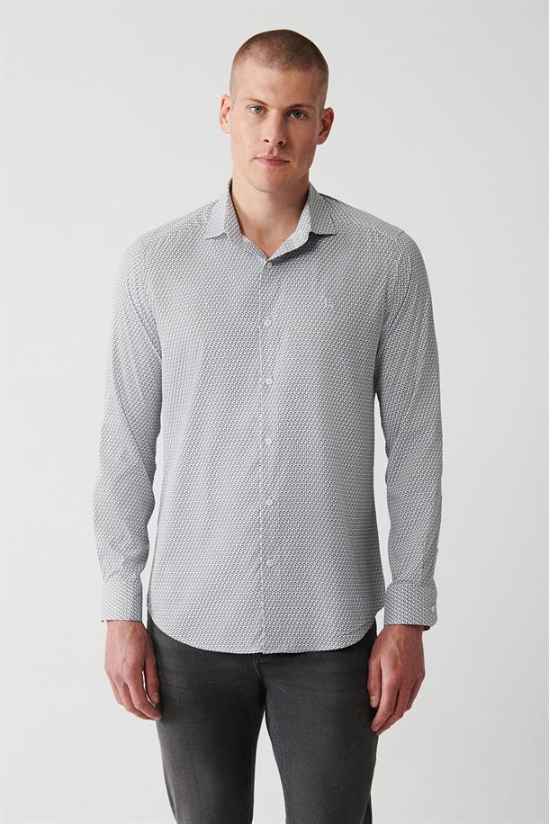 Gri Klasik Yaka Geometrik Baskılı Travel Slim Fit Gömlek