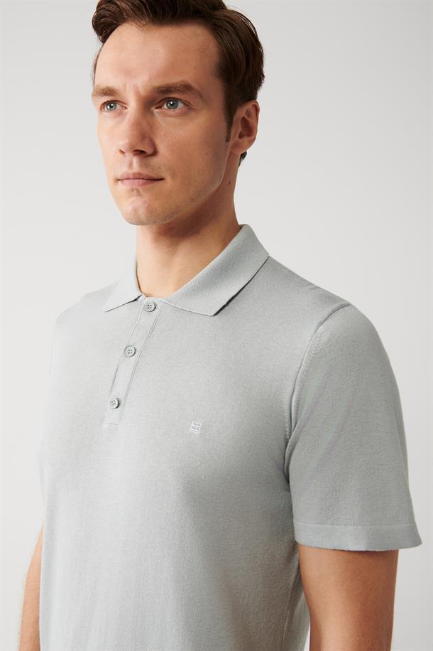 Gri Pamuklu Polo Yaka Regular Fit İnce Triko T-Shirt
