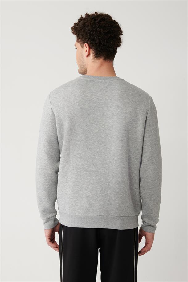 Gri Şardonlu Kumaş Bisiklet Yaka Enjeksiyon Baskılı Sweatshirt