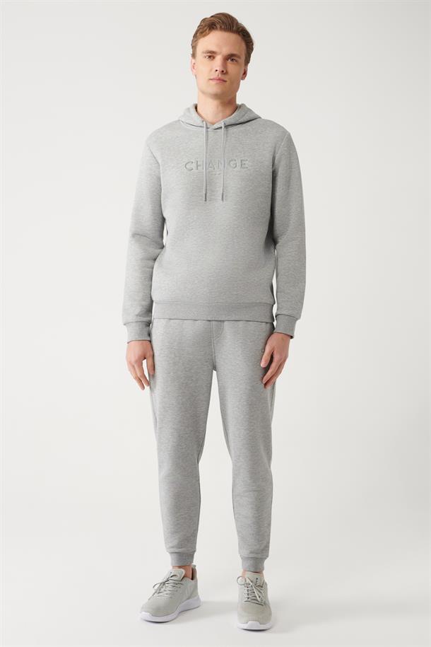 Gri Şardonlu Kumaş Kapüşonlu Yaka Piramit Baskılı Sweatshirt