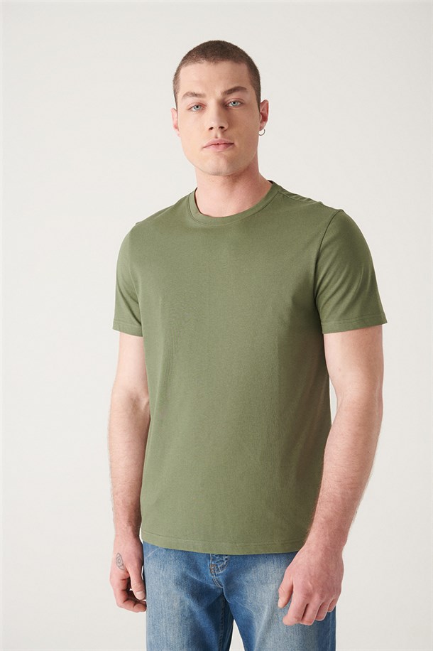 Haki Bisiklet Yaka Düz T-Shirt