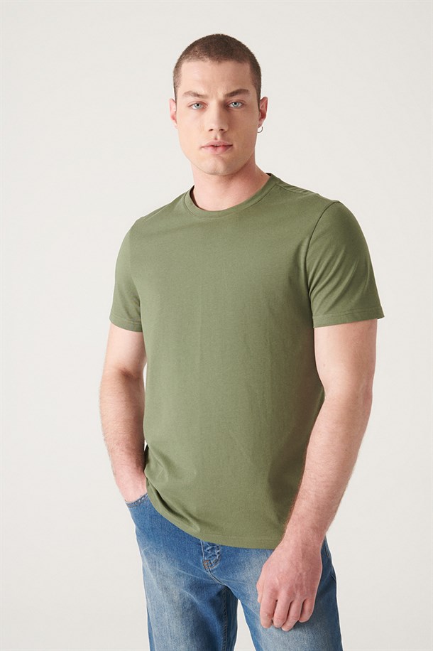 Haki Bisiklet Yaka Düz T-Shirt