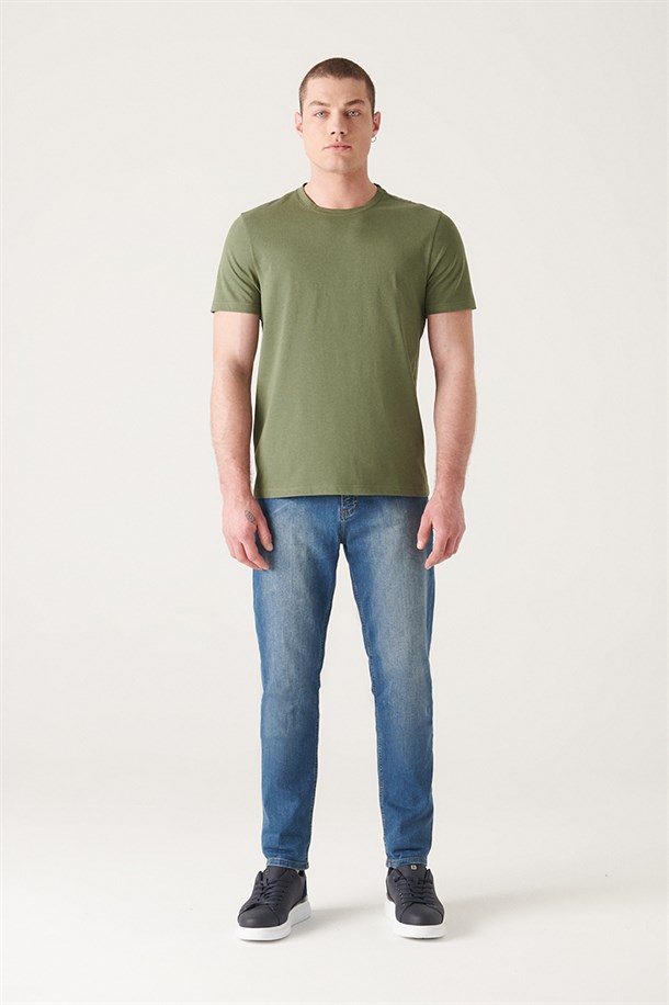Haki Bisiklet Yaka Düz T-Shirt
