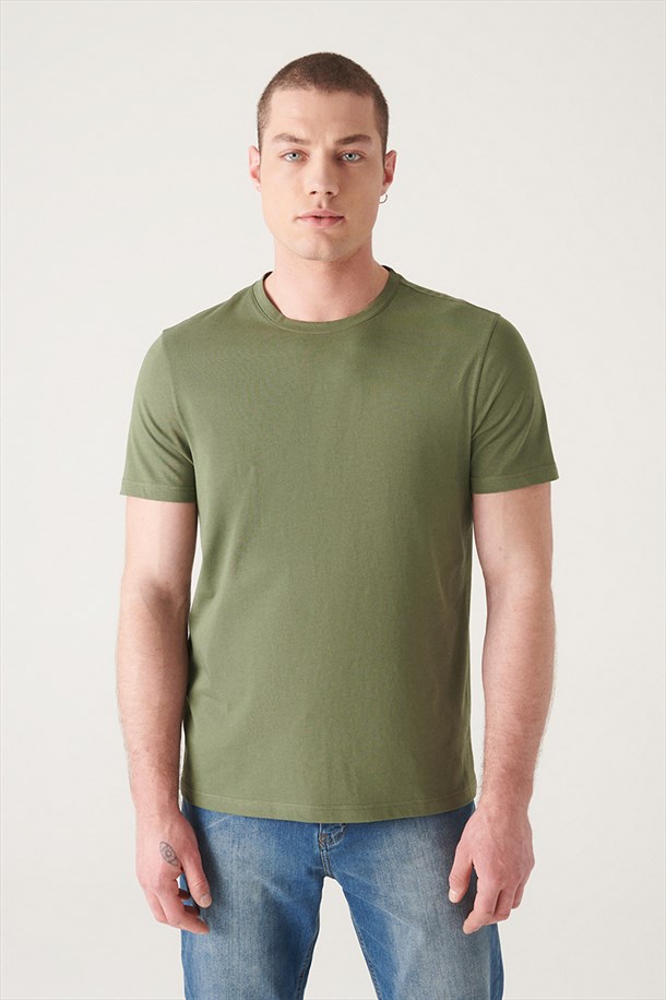 Haki Bisiklet Yaka Düz T-Shirt