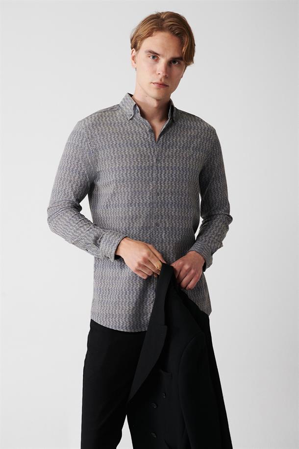 Haki Düğmeli Yaka Desenli Esnek Pamuklu Slim Fit Gömlek