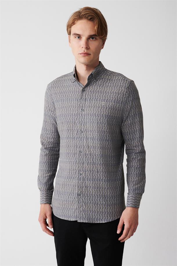 Haki Düğmeli Yaka Desenli Esnek Pamuklu Slim Fit Gömlek