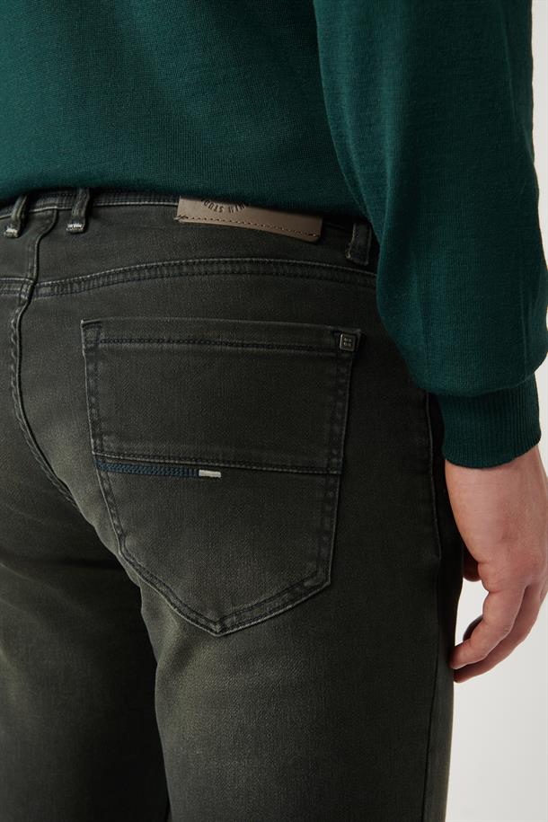 Haki Eskitme Yıkamalı Örme Denim