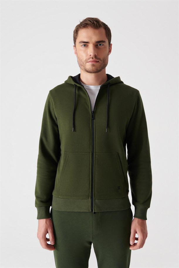 Haki Fermuarlı Kapüşonlu Yaka Düz Sweatshirt