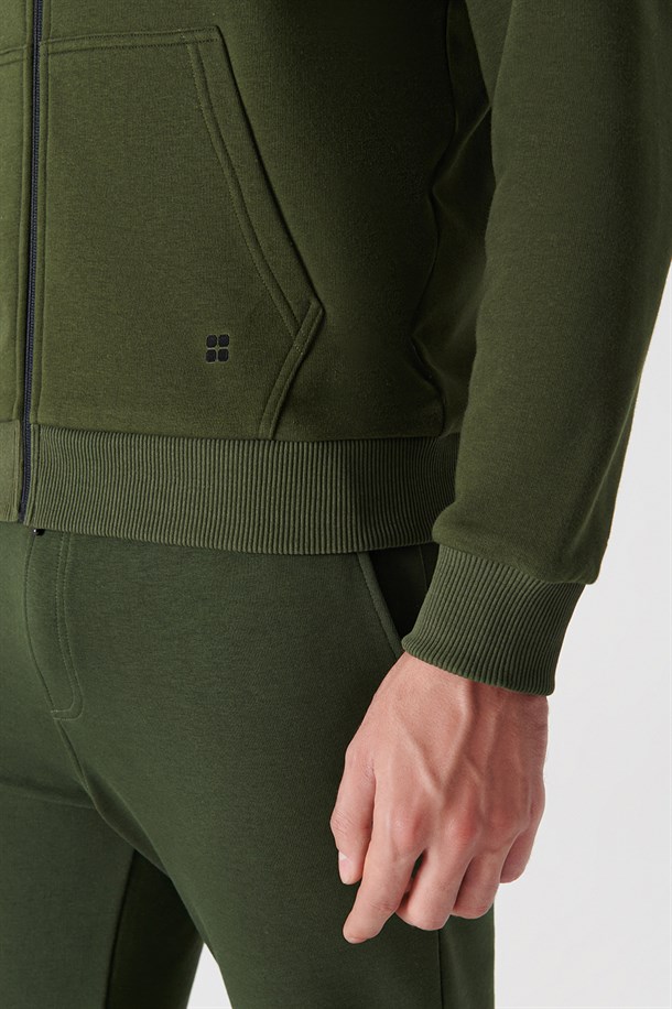 Haki Fermuarlı Kapüşonlu Yaka Düz Sweatshirt
