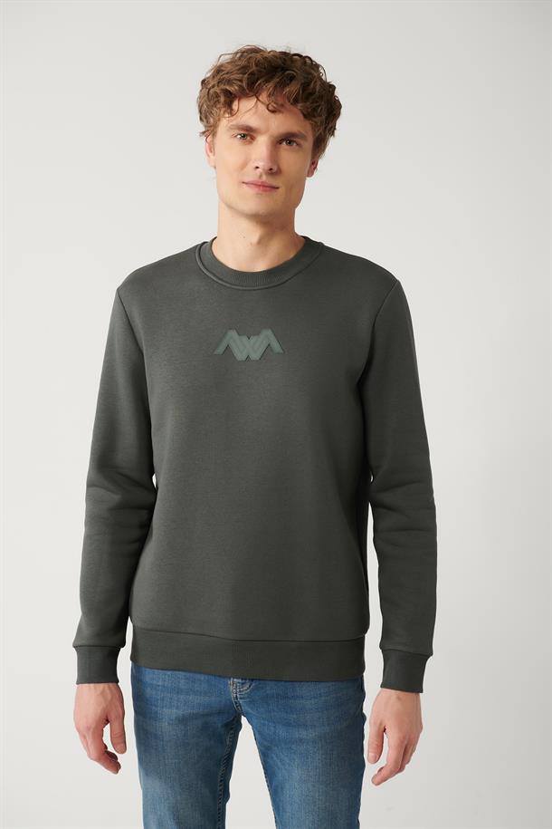 Haki Şardonlu Kumaş Bisiklet Yaka Enjeksiyon Baskılı Sweatshirt