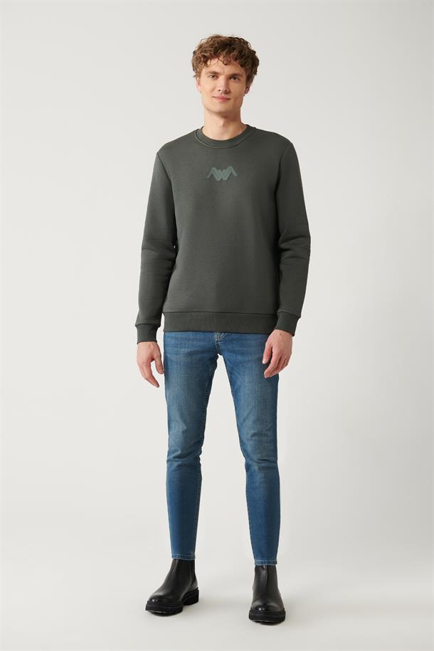 Haki Şardonlu Kumaş Bisiklet Yaka Enjeksiyon Baskılı Sweatshirt