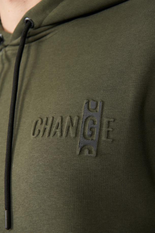 Haki Şardonlu Kumaş Kapüşonlu Yaka Gofre Baskılı Oversize Sweatshirt