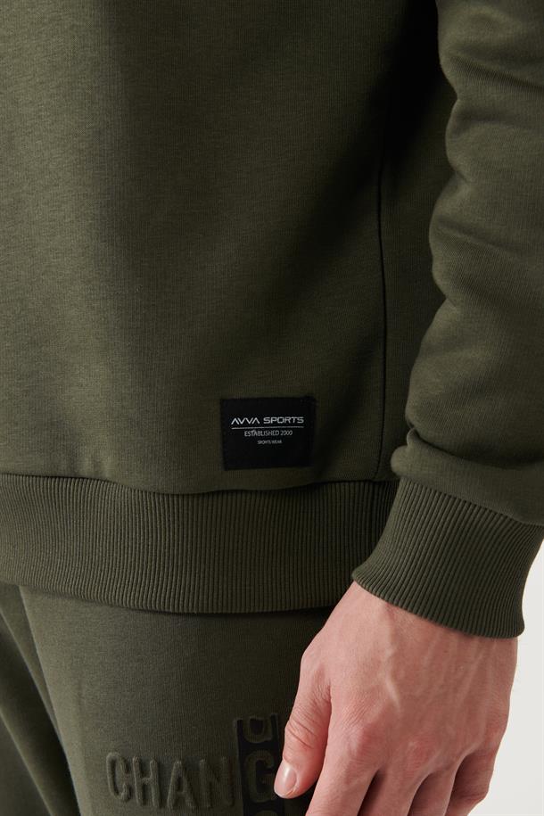 Haki Şardonlu Kumaş Kapüşonlu Yaka Gofre Baskılı Oversize Sweatshirt