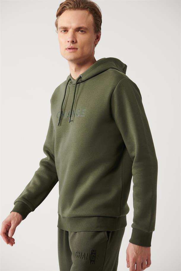 Haki Şardonlu Kumaş Kapüşonlu Yaka Piramit Baskılı Sweatshirt