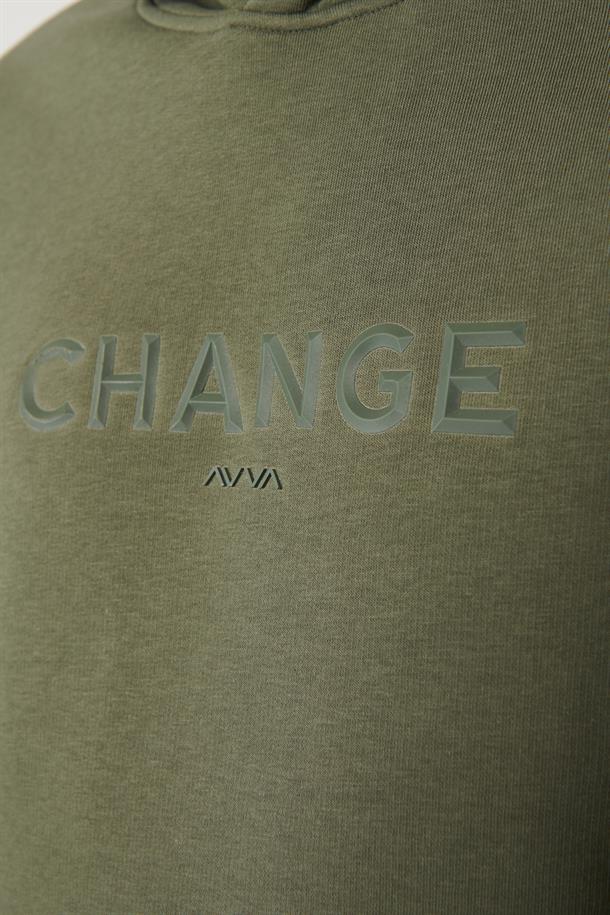 Haki Şardonlu Kumaş Kapüşonlu Yaka Piramit Baskılı Sweatshirt