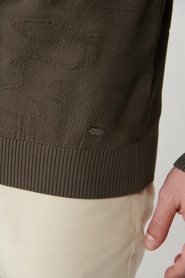 Haki Yüksek Bisiklet Yaka Kamuflaj Desenli Rayon Kazak