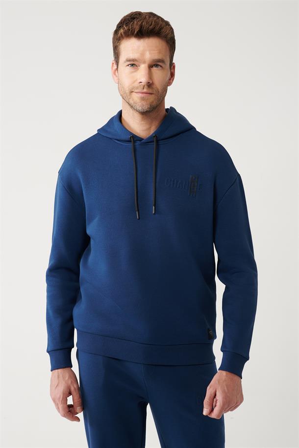 İndigo Kapüşonlu Yaka Gofre Baskılı Şardonlu 3 İplik Comfort Fit Rahat Kesim Sweatshirt
