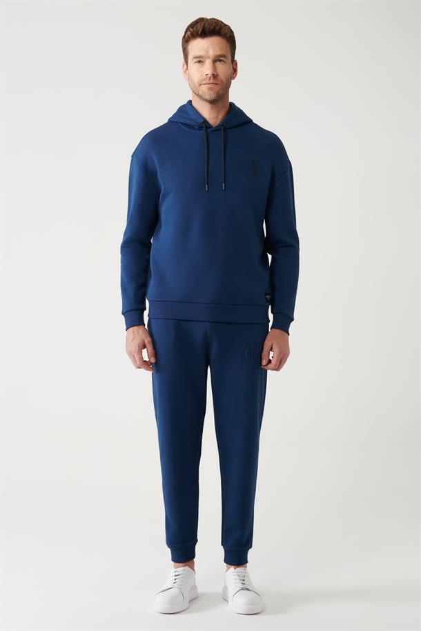 İndigo Kapüşonlu Yaka Gofre Baskılı Şardonlu 3 İplik Comfort Fit Rahat Kesim Sweatshirt