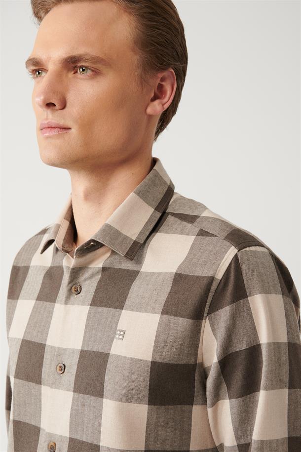 Kahve Klasik Yaka Ekose Desenli Flanel Comfort Fit Gömlek